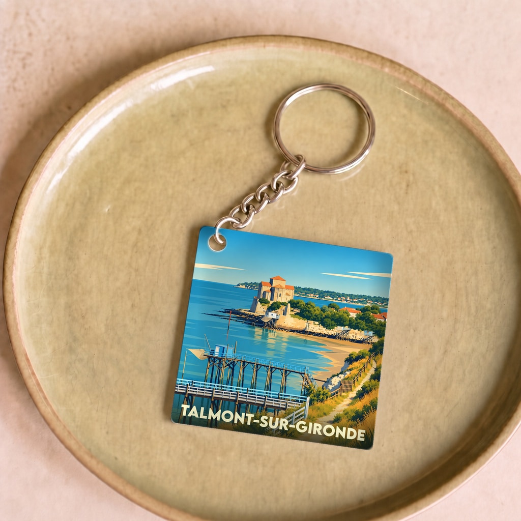 Porte-clés souvenir de la ville de Talmont-sur-Gironde avec une illustration colorée et stylisée.