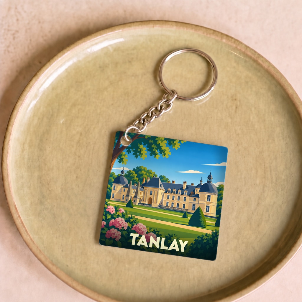 Porte-clés souvenir de la ville de Tanlay avec une illustration stylisée de son château.