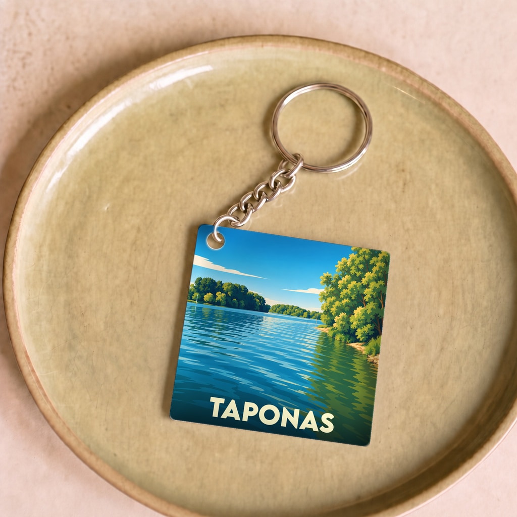 Porte-clés souvenir de la ville de Taponas avec une illustration stylisée de son paysage fluvial.