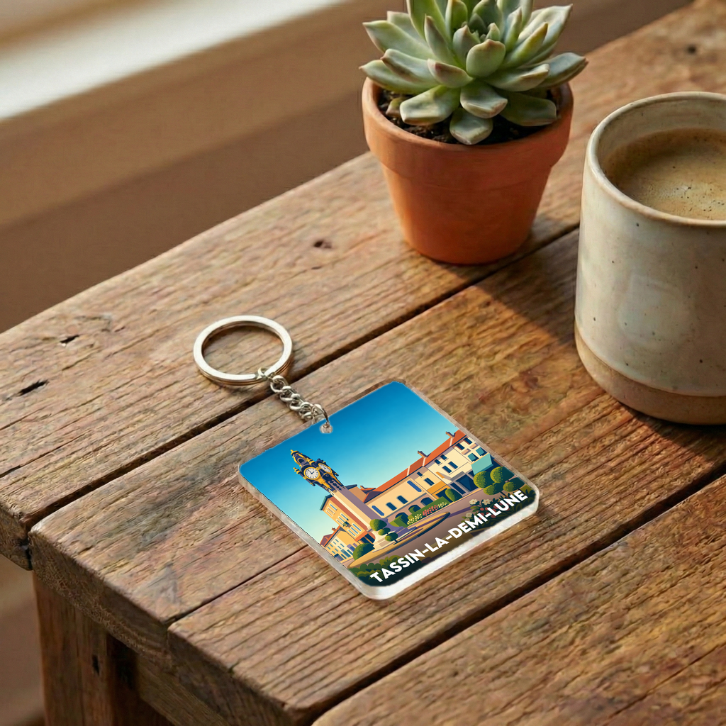 Porte-clés souvenir de la ville de Tassin-la-Demi-Lune avec une illustration stylisée.