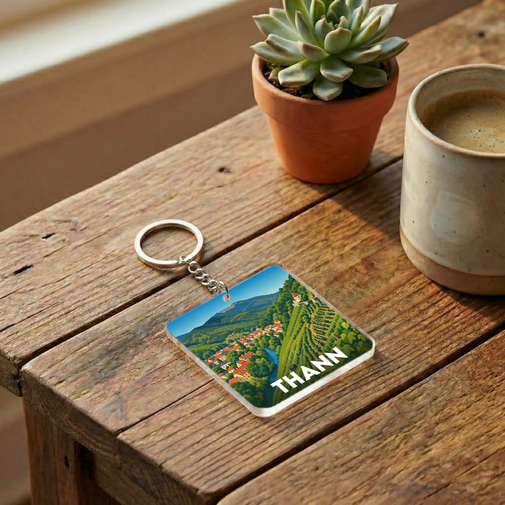 Porte-clés souvenir de la ville de Thann avec une illustration stylisée de son paysage.
