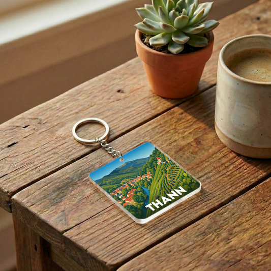 Porte-clés souvenir de la ville de Thann avec une illustration stylisée de son paysage.