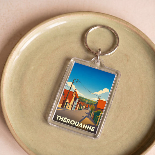 Porte-clés souvenir de la ville de Thérouanne avec une illustration stylisée.