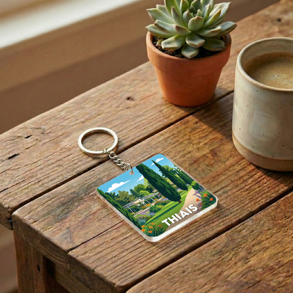 Porte-clés souvenir de la ville de Thiais avec une illustration stylisée.
