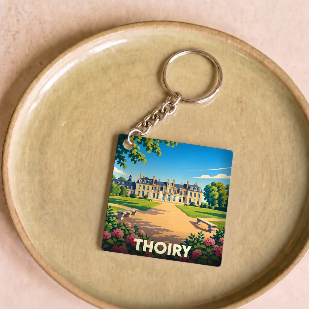 Porte-clés souvenir de la ville de Thoiry avec une illustration stylisée de son château.