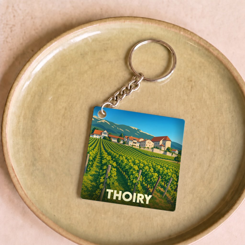 Porte-clés souvenir de la ville de Thoiry avec une illustration stylisée d'un vignoble et de montagnes.