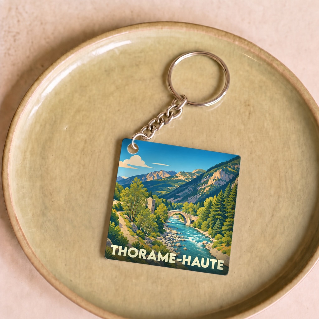Porte-clés souvenir de la ville de Thorame-Haute avec une illustration stylisée d'un paysage de montagne.