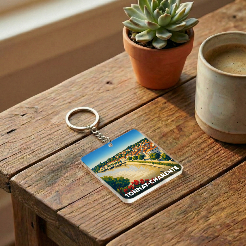 Porte-clés souvenir de la ville de Tonnay-Charente avec une illustration stylisée.