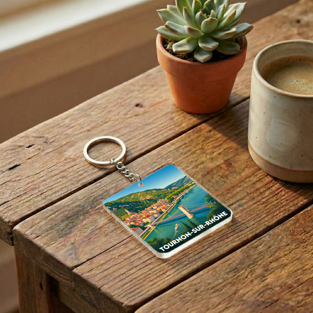 Porte-clés souvenir de la ville de Tournon-sur-Rhône avec une illustration stylisée.