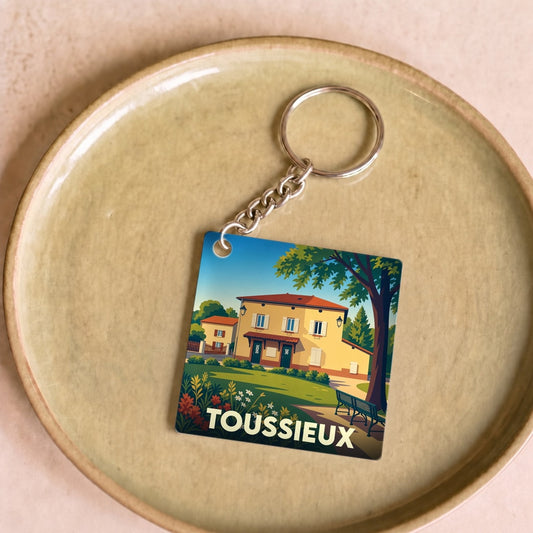 Porte-clés souvenir de la ville de Toussieux avec une illustration colorée et stylisée d'un paysage urbain.