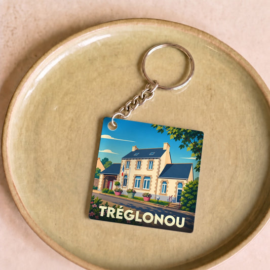 Porte-clés souvenir de la ville de Tréglonou avec une illustration stylisée de sa mairie.