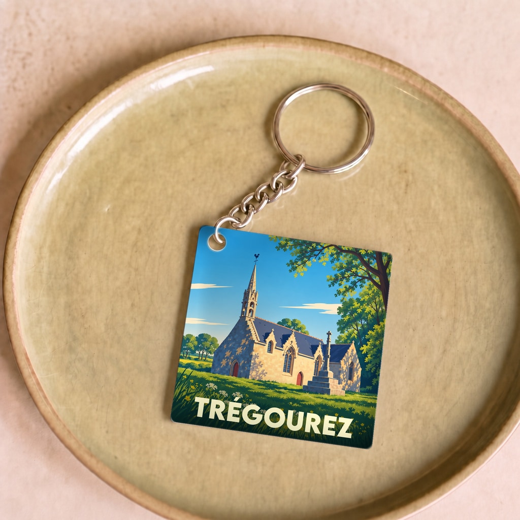 Porte-clés souvenir de la ville de Trégourez illustré d'une église bretonne stylisée.