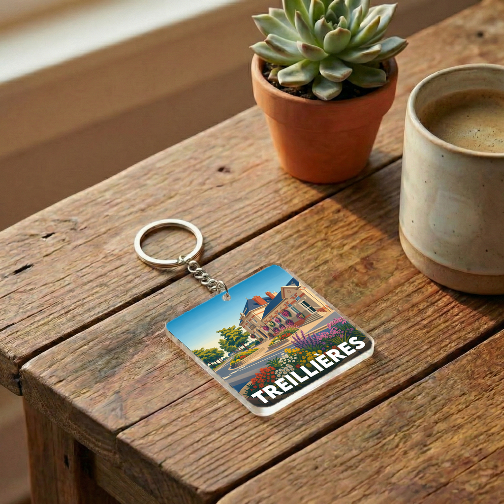 Porte-clés souvenir de la ville de Treillières avec une illustration stylisée.