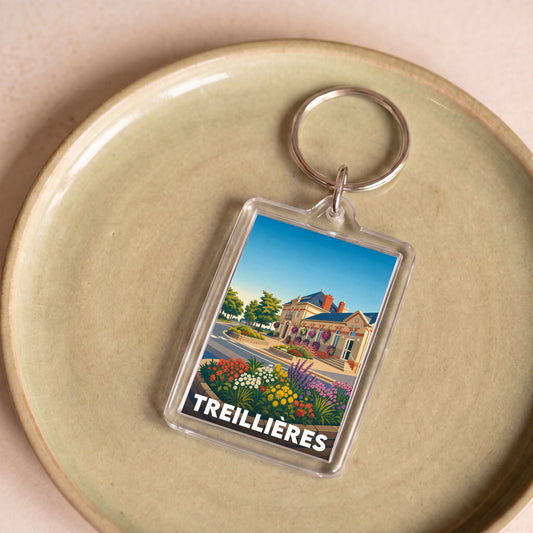Porte-clés souvenir de la ville de Treillières avec une illustration stylisée.