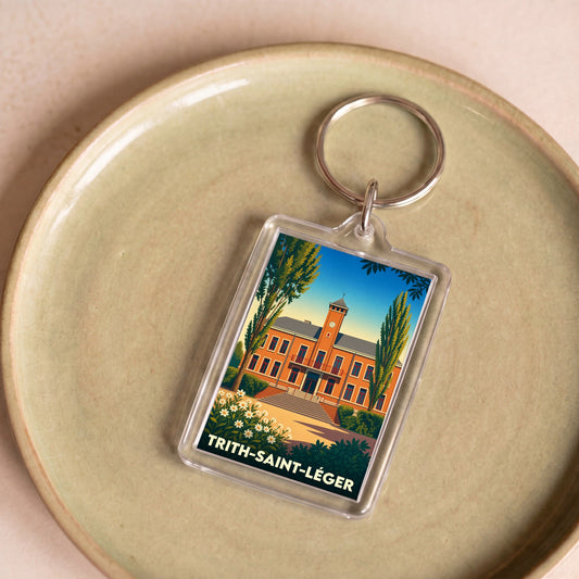 Porte-clés souvenir de la ville de Trith-Saint-Léger avec une illustration stylisée de son hôtel de ville.