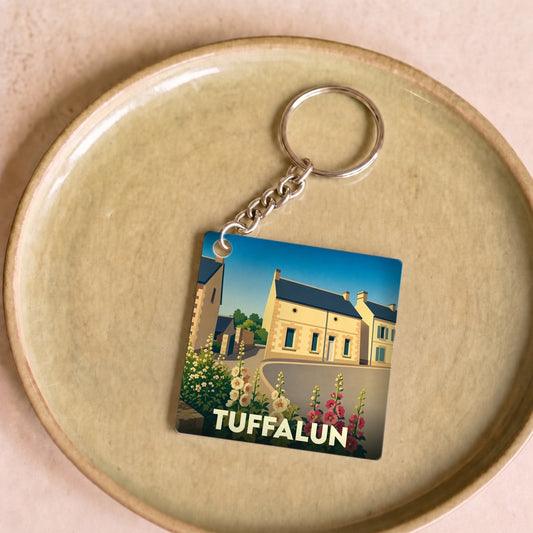 Porte-clés souvenir de la ville de Tuffalun avec une illustration stylisée.