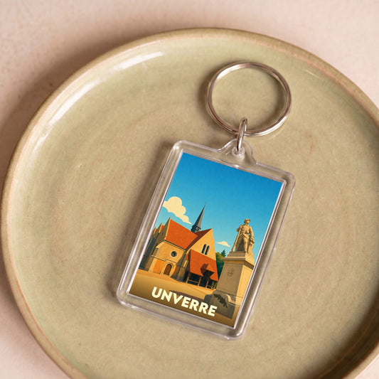 Porte-clés souvenir de la ville d'Unverre avec une illustration stylisée.