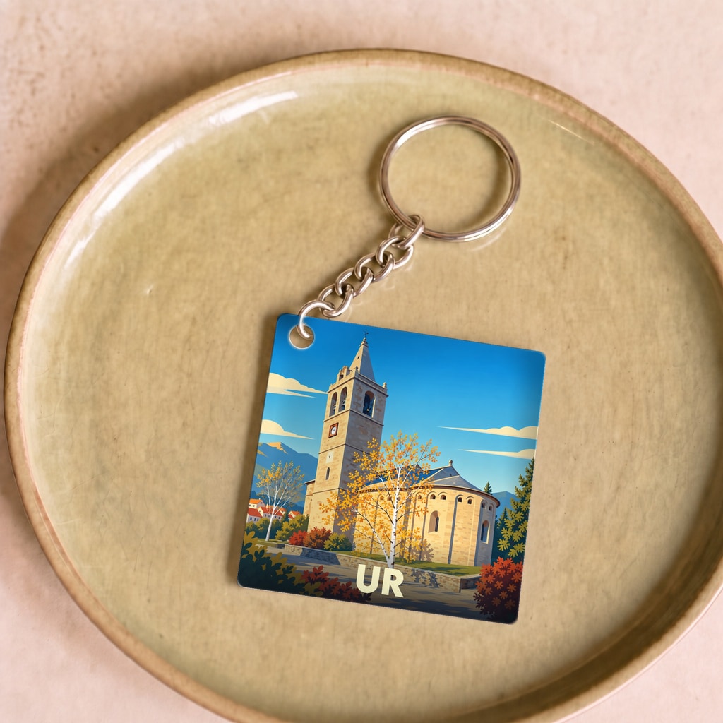 Porte-clés souvenir de la ville de Ur avec une illustration stylisée de son église.