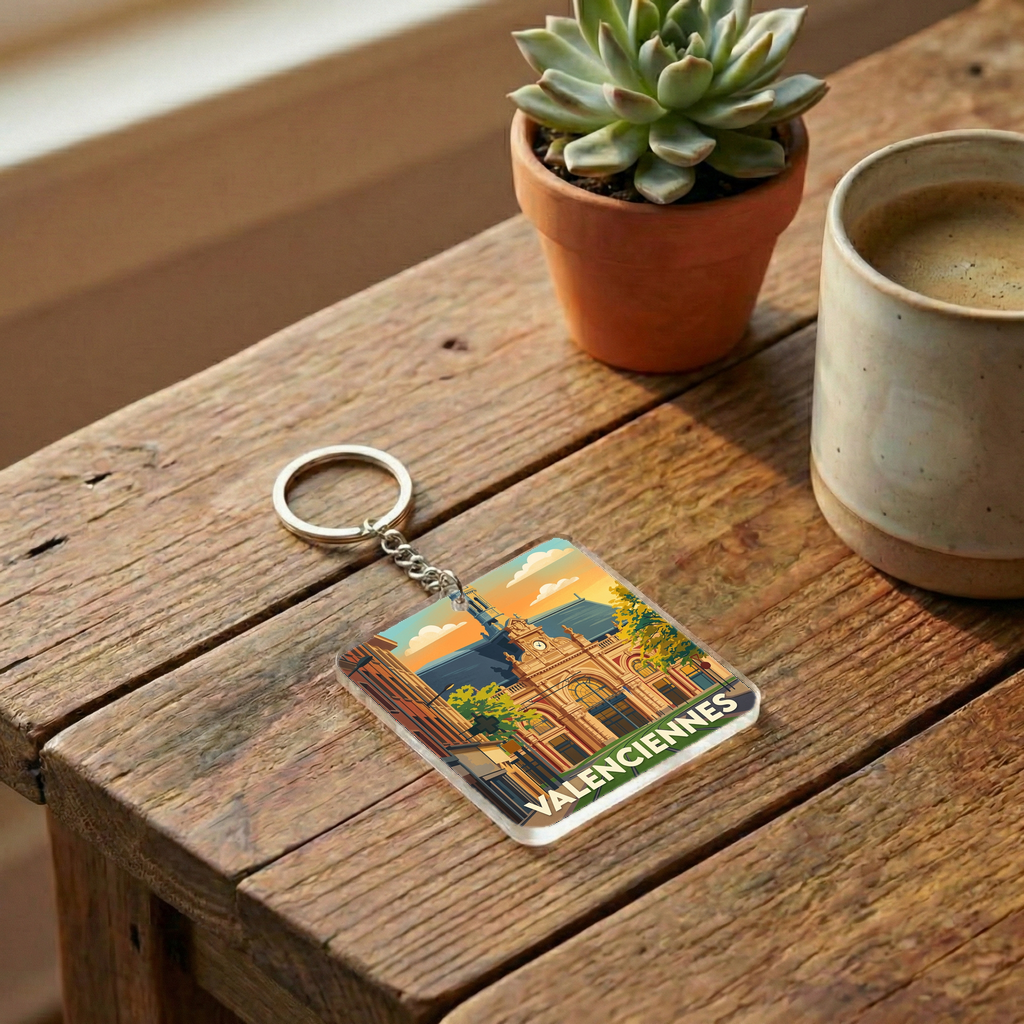 Porte-clés souvenir de la ville de Valenciennes avec une illustration stylisée.