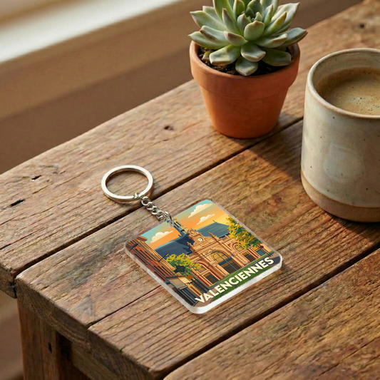 Porte-clés souvenir de la ville de Valenciennes avec une illustration stylisée.