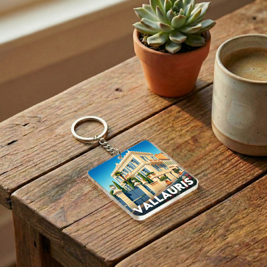 Porte-clés souvenir de la ville de Vallauris avec une illustration stylisée d'une villa.