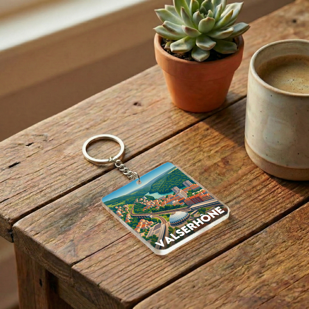 Porte-clés souvenir de la ville de Valserhône avec une illustration stylisée du paysage.