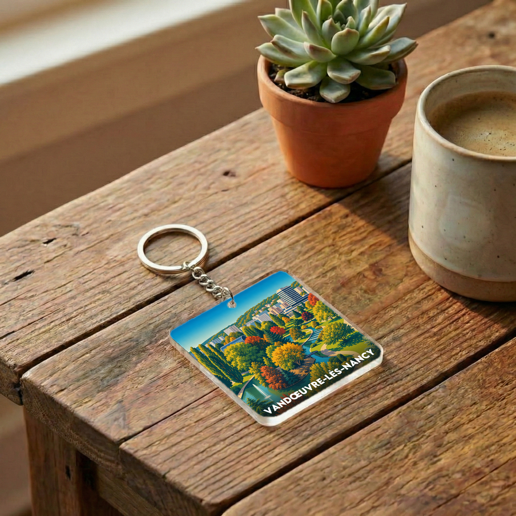 Porte-clés souvenir de la ville de Vandœuvre-lès-Nancy avec une illustration stylisée d'un parc arboré.