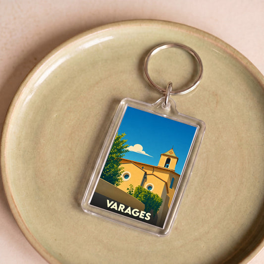 Porte-clés souvenir de la ville de Varages avec une illustration stylisée.