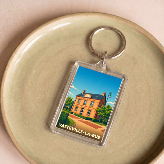 Porte-clés souvenir de la ville de Vatteville-la-Rue avec une illustration stylisée.