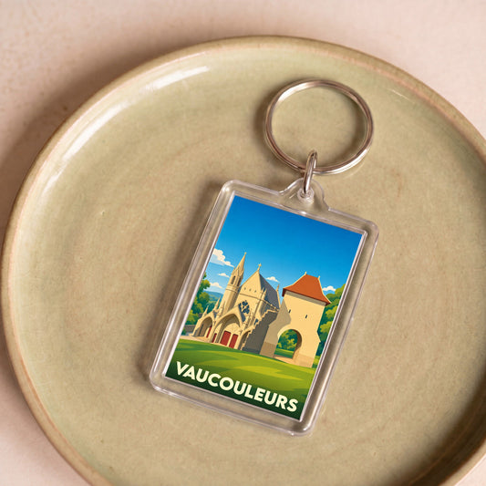 Porte-clés souvenir de la ville de Vaucouleurs avec une illustration stylisée de son patrimoine.
