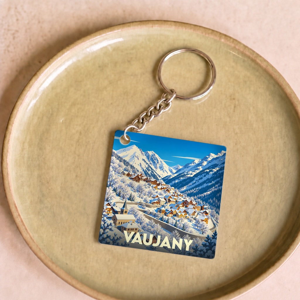 Porte-clés souvenir de la ville de Vaujany avec une illustration hivernale stylisée.
