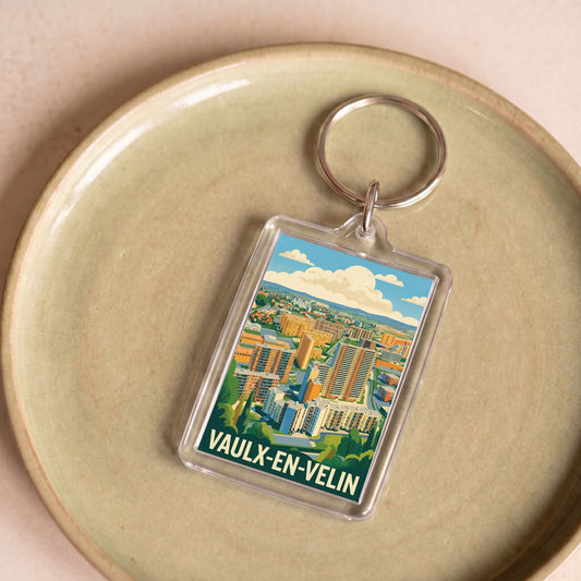 Porte-clés souvenir de la ville de Vaulx-en-Velin avec une illustration stylisée.