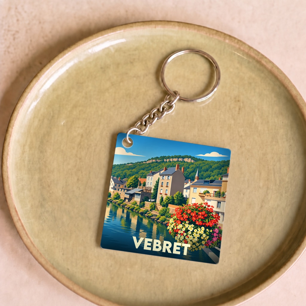 Porte-clés souvenir de la ville de Vebret avec une illustration stylisée d'un paysage fluvial.