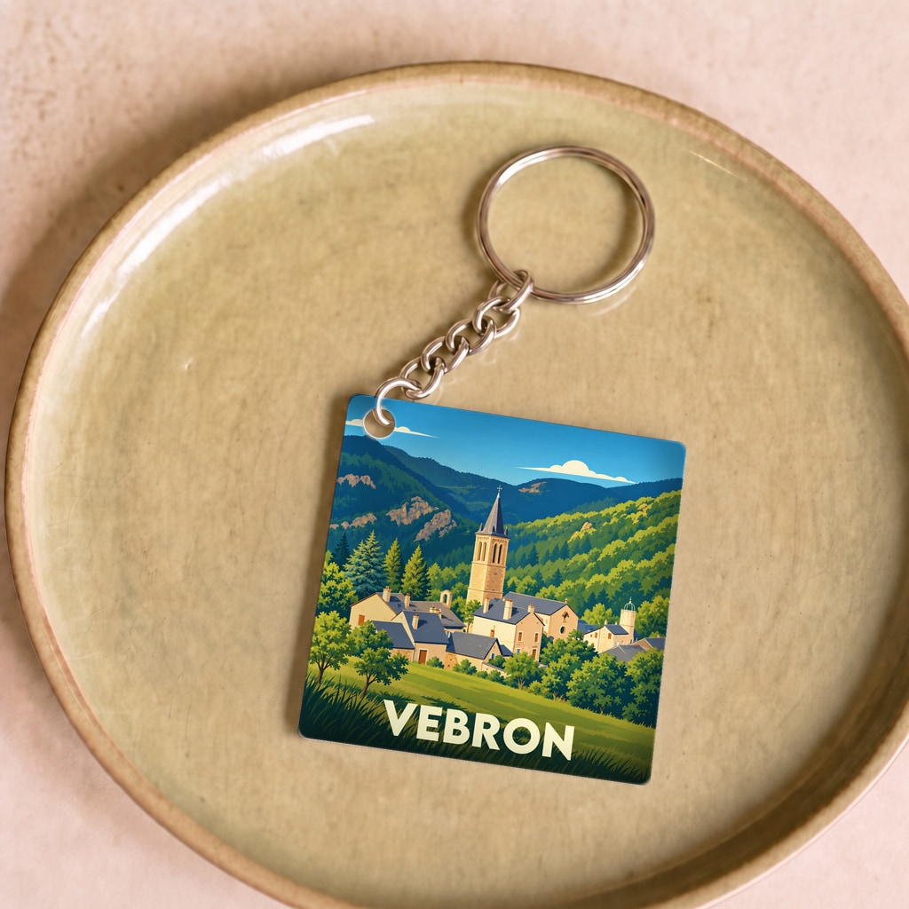 Porte-clés souvenir de la ville de Vebron avec une illustration stylisée de son clocher et de ses montagnes.