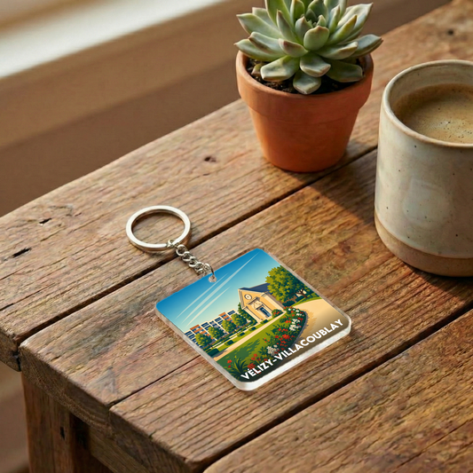 Porte-clés souvenir de la ville de Vélizy-Villacoublay avec une illustration colorée et stylisée.