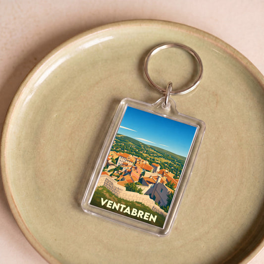 Porte-clés souvenir de la ville de Ventabren avec une illustration stylisée.