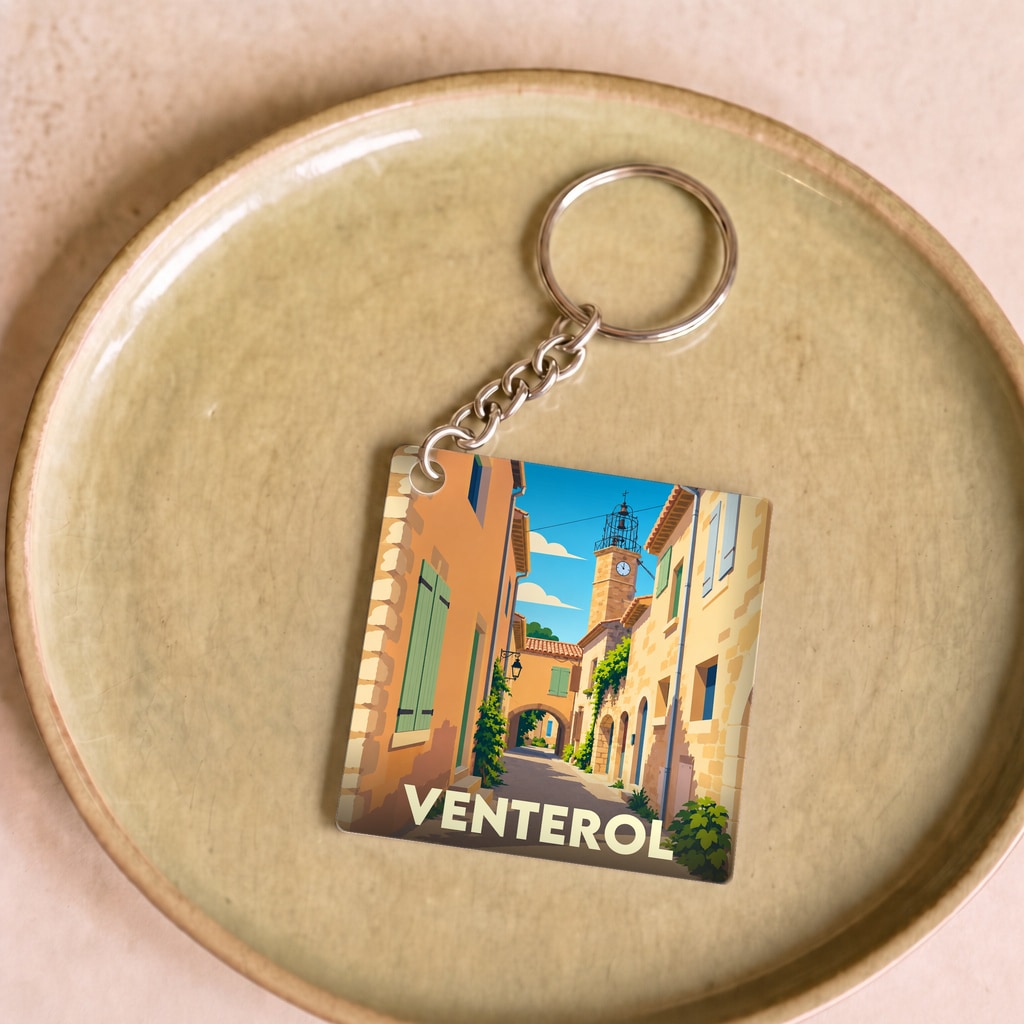 Porte-clés souvenir de la ville de Venterol avec une illustration stylisée d'une ruelle provençale.