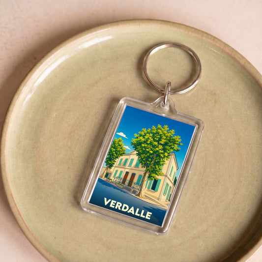 Porte-clés souvenir de la ville de Verdalle avec une illustration stylisée.