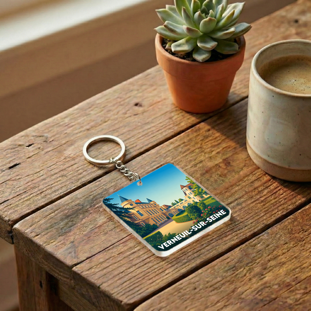 Porte-clés souvenir de la ville de Verneuil-sur-Seine avec une illustration stylisée.