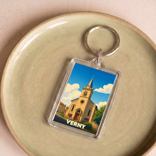 Porte-clés souvenir de la ville de Verny avec une illustration stylisée de son église.