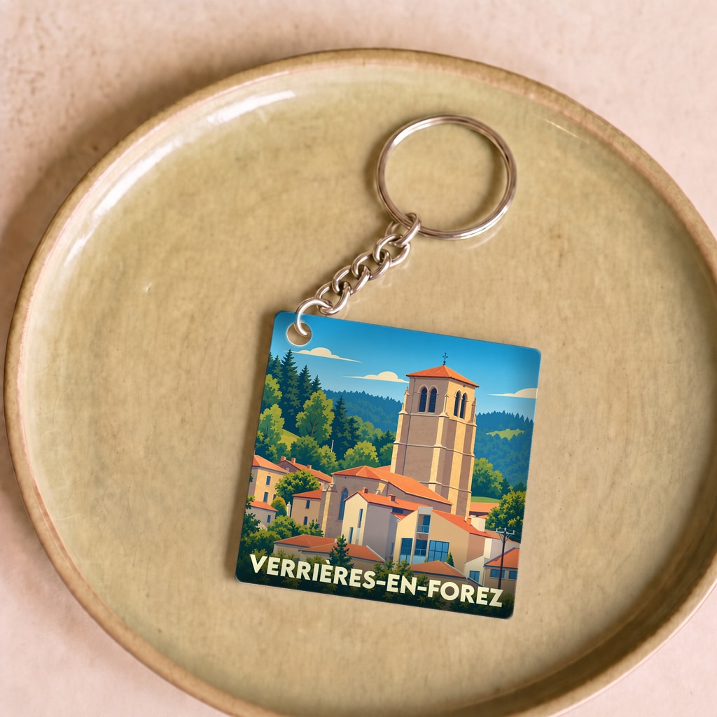 Porte-clés souvenir de la ville de Verrières-en-Forez avec une illustration stylisée de son église et de ses paysages.