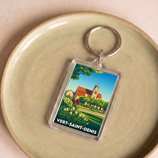 Porte-clés souvenir de la ville de Vert-Saint-Denis avec une illustration stylisée.