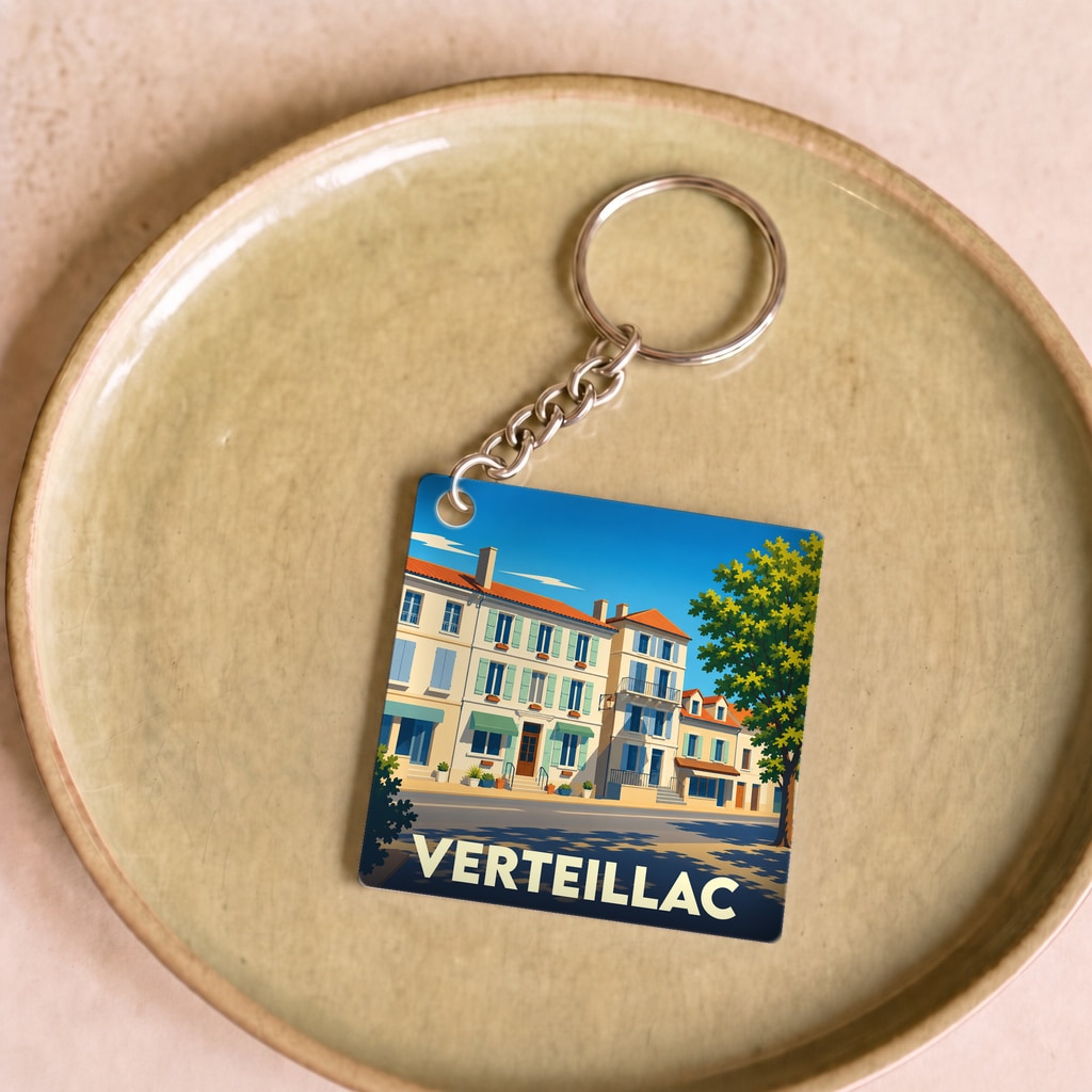 Porte-clés souvenir de la ville de Verteillac avec une illustration stylisée de bâtiments colorés.