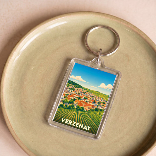 Porte-clés souvenir de la ville de Verzenay avec une illustration stylisée de ses vignobles.