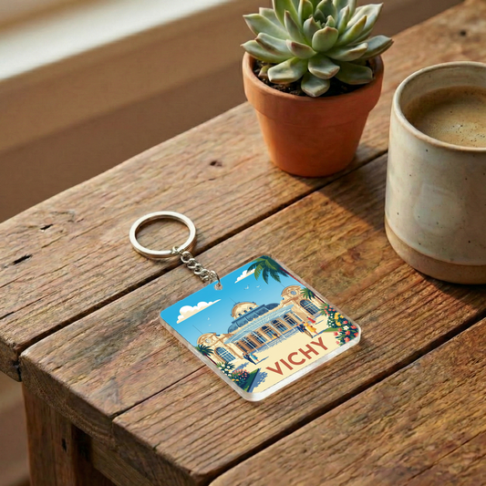 Porte-clés souvenir de la ville de Vichy avec une illustration stylisée.