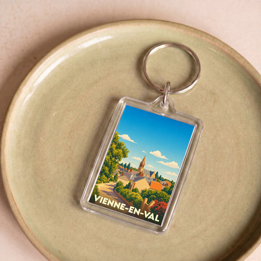 Porte-clés souvenir de la ville de Vienne-en-Val avec une illustration stylisée.