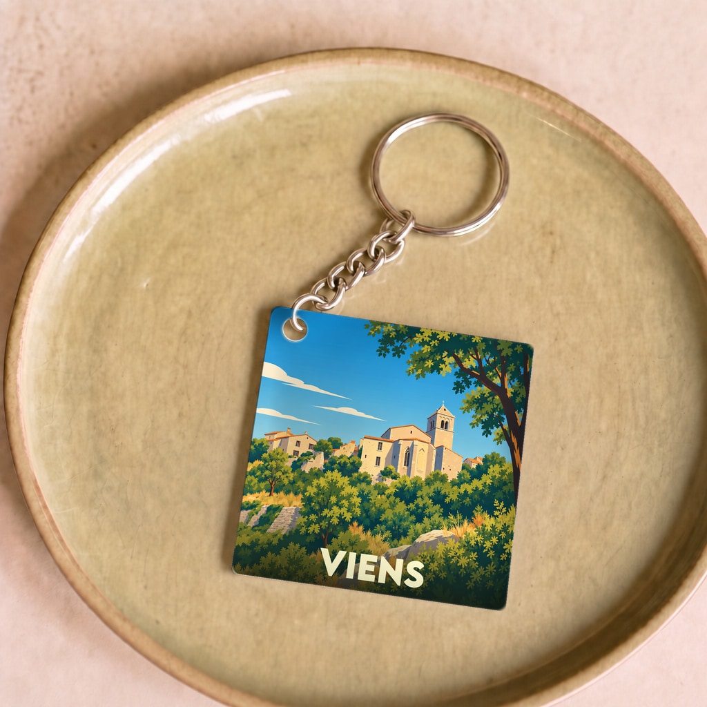 Porte-clés souvenir de la ville de Viens avec une illustration stylisée.