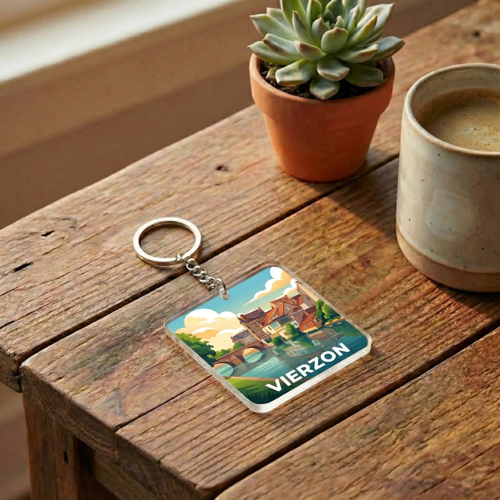 Porte-clés souvenir de la ville de Vierzon avec une illustration stylisée.