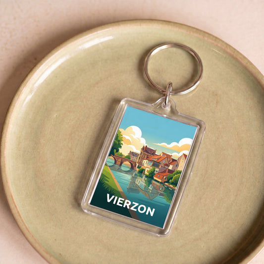 Porte-clés souvenir de la ville de Vierzon avec une illustration stylisée.