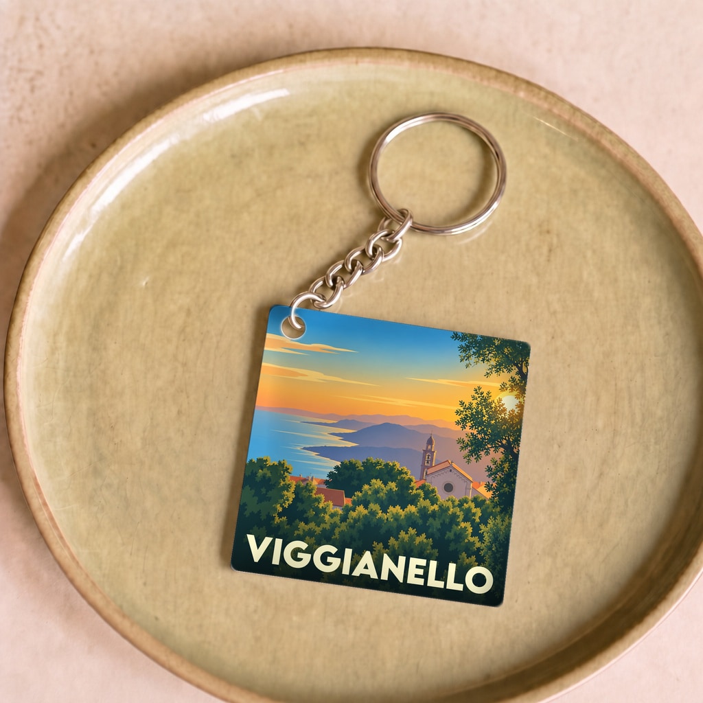 Porte-clés souvenir de la ville de Viggianello avec une illustration stylisée.